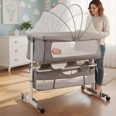 Lit cododo gris clair confortable bébé endormie 